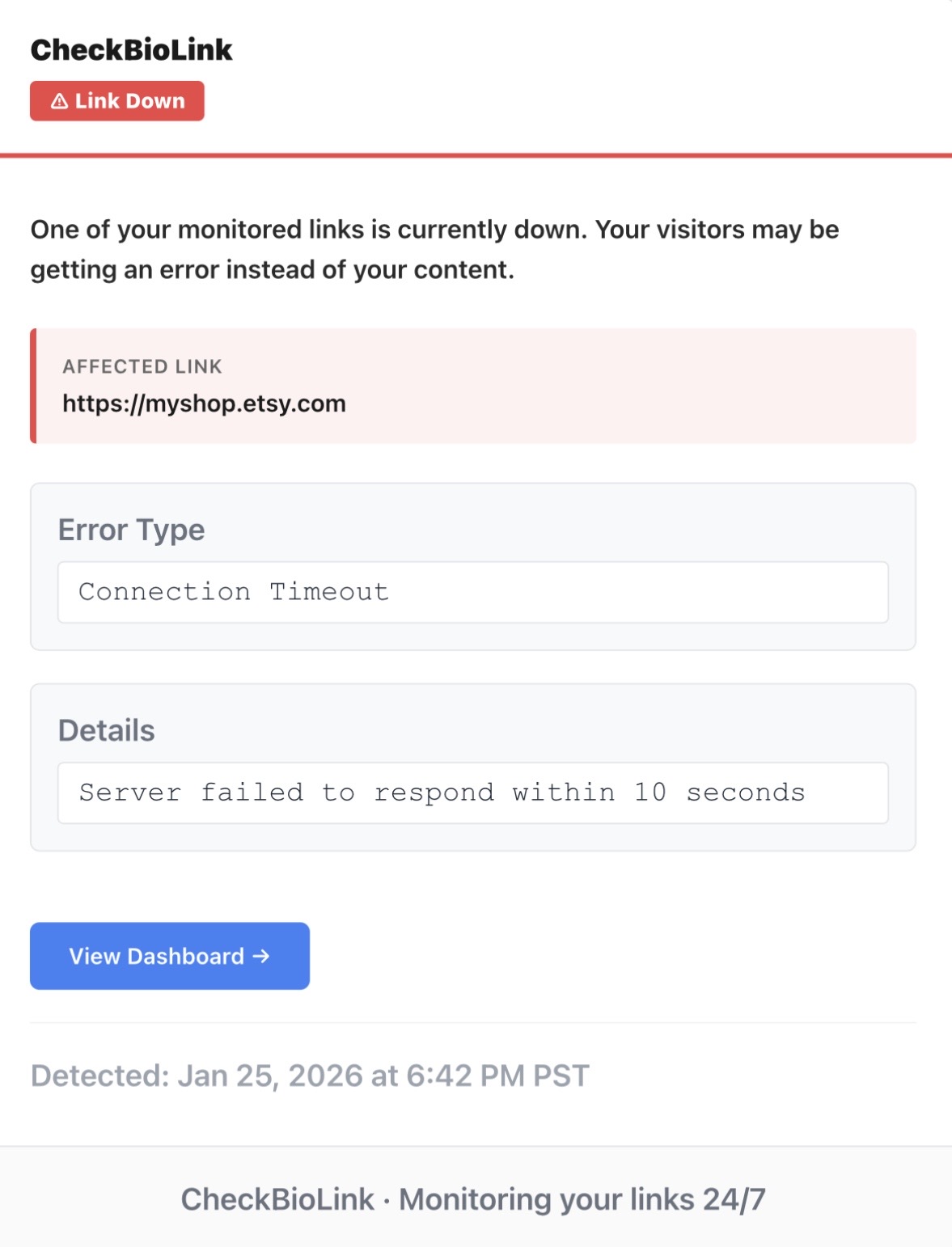 Email alert for a broken link